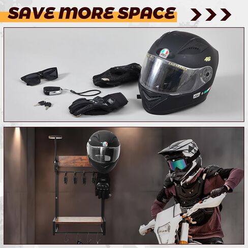 Yousoontic حامل خوذة دراجة نارية على الحائط حامل خوذة مع رف خوذة، 4 رقائق قفاز و4 خطافات حامل خوذة دراجة نارية لعرض ملابس خوذة دراجة نارية in Kuwait