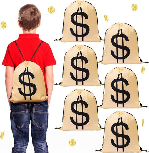 تيسكو 6 قطع من أكياس أموال الهالوين، حقيبة ظهر كبيرة برباط للمال، حقيبة ظهر السارق، زي الدولار، حقيبة ظهر للمال من أجل حفلة لصالح البنك، القرصان، رعاة البقر، كوسبلاي، ديكورات الحفلات، الدعائم in Kuwait