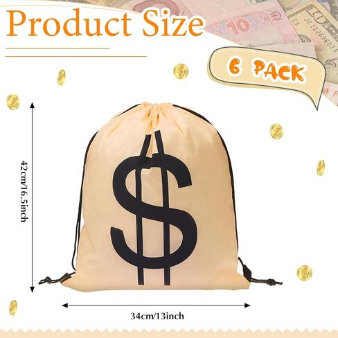 تيسكو 6 قطع من أكياس أموال الهالوين، حقيبة ظهر كبيرة برباط للمال، حقيبة ظهر السارق، زي الدولار، حقيبة ظهر للمال من أجل حفلة لصالح البنك، القرصان، رعاة البقر، كوسبلاي، ديكورات الحفلات، الدعائم in Kuwait