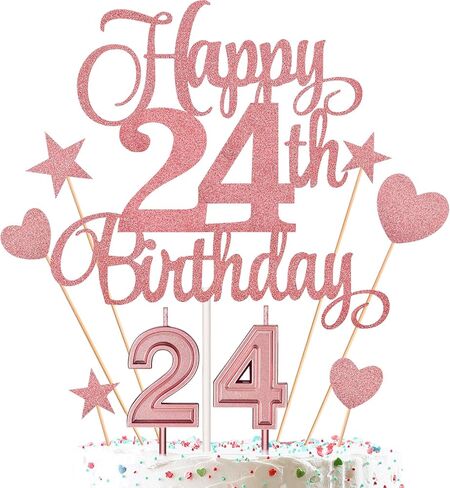 مجموعة زينة كعكة عيد الميلاد الرابع والعشرون تتضمن شموع عيد الميلاد الرابع والعشرين عدد 24 شمعة كعكة وأغطية كعكة عيد الميلاد الرابع والعشرين السعيد مع أعواد كب كيك على شكل نجمة قلب لحفلات أعياد الميلاد (سلسلة ذهبية وردية) in Kuwait