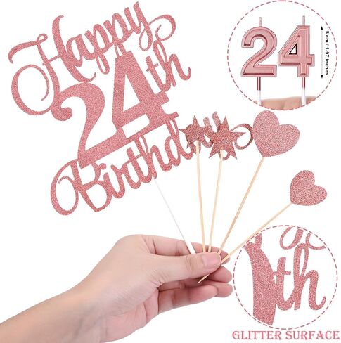 مجموعة زينة كعكة عيد الميلاد الرابع والعشرون تتضمن شموع عيد الميلاد الرابع والعشرين عدد 24 شمعة كعكة وأغطية كعكة عيد الميلاد الرابع والعشرين السعيد مع أعواد كب كيك على شكل نجمة قلب لحفلات أعياد الميلاد (سلسلة ذهبية وردية) in Kuwait