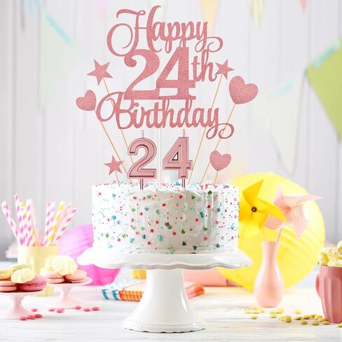 مجموعة زينة كعكة عيد الميلاد الرابع والعشرون تتضمن شموع عيد الميلاد الرابع والعشرين عدد 24 شمعة كعكة وأغطية كعكة عيد الميلاد الرابع والعشرين السعيد مع أعواد كب كيك على شكل نجمة قلب لحفلات أعياد الميلاد (سلسلة ذهبية وردية) in Kuwait