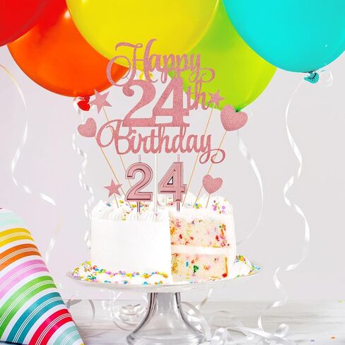 مجموعة زينة كعكة عيد الميلاد الرابع والعشرون تتضمن شموع عيد الميلاد الرابع والعشرين عدد 24 شمعة كعكة وأغطية كعكة عيد الميلاد الرابع والعشرين السعيد مع أعواد كب كيك على شكل نجمة قلب لحفلات أعياد الميلاد (سلسلة ذهبية وردية) in Kuwait