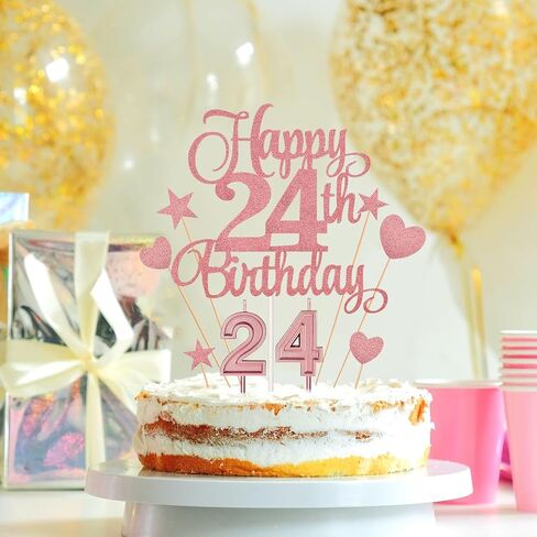 مجموعة زينة كعكة عيد الميلاد الرابع والعشرون تتضمن شموع عيد الميلاد الرابع والعشرين عدد 24 شمعة كعكة وأغطية كعكة عيد الميلاد الرابع والعشرين السعيد مع أعواد كب كيك على شكل نجمة قلب لحفلات أعياد الميلاد (سلسلة ذهبية وردية) in Kuwait