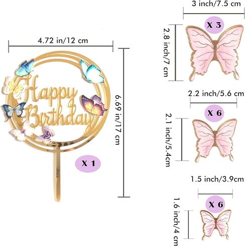 Butterfly Cake Toppers Decorations - 1 Big Happy Birthday Cake Topper & 15Pcs 3D Pink Gold Cupcake Toppers - Party Supplies for Decorating Baby Shower Girl's Birthday in Saudi Arabia