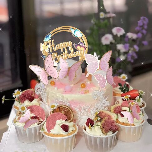 Butterfly Cake Toppers Decorations - 1 Big Happy Birthday Cake Topper & 15Pcs 3D Pink Gold Cupcake Toppers - Party Supplies for Decorating Baby Shower Girl's Birthday in Saudi Arabia