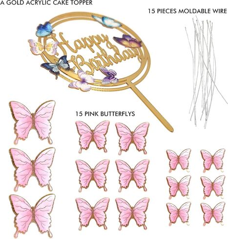 Butterfly Cake Toppers Decorations - 1 Big Happy Birthday Cake Topper & 15Pcs 3D Pink Gold Cupcake Toppers - Party Supplies for Decorating Baby Shower Girl's Birthday in Saudi Arabia