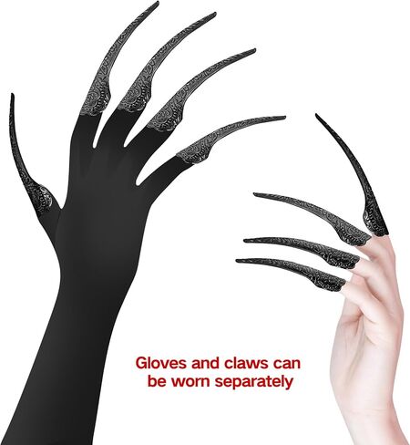 قفازات مخلب الهالوين لحفلات مصاصي الدماء، 10 قطع من حلقات أظافر مخالب الأصابع مع زوج واحد من قفازات المخالب السوداء in Kuwait