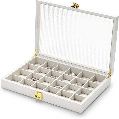 Oirlv White 24 Grid Premium Leather Jewelry Organizer Tray with Clear Lid Lockable Jewelry Box Earrings Rings Holder Box for Women Girls (Creamy-white Interior) 24 Grid in Kuwait