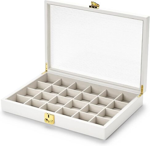 Oirlv White 24 Grid Premium Leather Jewelry Organizer Tray with Clear Lid Lockable Jewelry Box Earrings Rings Holder Box for Women Girls (Creamy-white Interior) 24 Grid in Kuwait