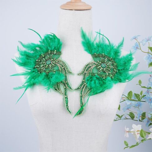 Handmade Beaded Rhinestone Appliques Sew on Crystal Flower Lace Patch Vivid Feather Patch, Multi-Color Pairs for DIY Clothing, Wedding Dress, and Home Decoration (Green) in Saudi Arabia