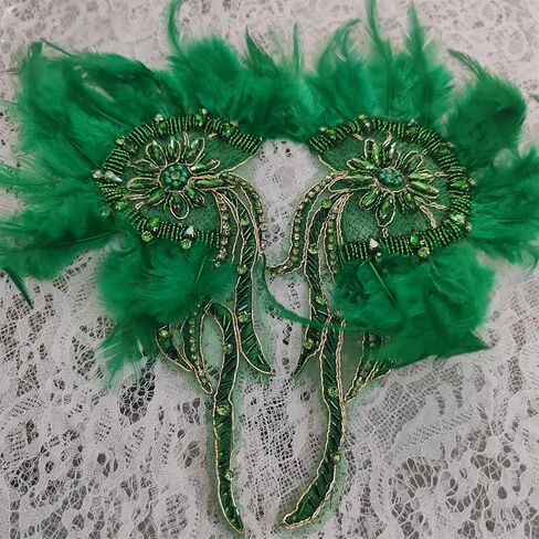 Handmade Beaded Rhinestone Appliques Sew on Crystal Flower Lace Patch Vivid Feather Patch, Multi-Color Pairs for DIY Clothing, Wedding Dress, and Home Decoration (Green) in Saudi Arabia