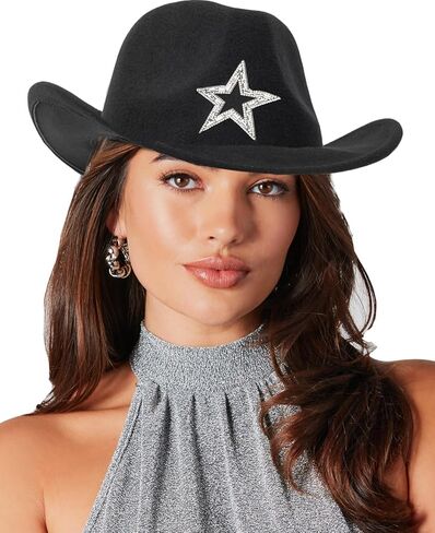 قبعة راعية البقر الغربية الكلاسيكية للنساء، قبعة فيدورا عصرية من حجر الراين، قبعات واسعة الحافة لحفلات الديسكو تناسب M-L in Kuwait