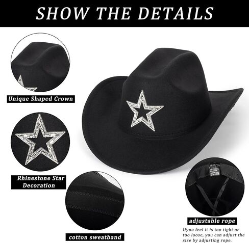 قبعة راعية البقر الغربية الكلاسيكية للنساء، قبعة فيدورا عصرية من حجر الراين، قبعات واسعة الحافة لحفلات الديسكو تناسب M-L in Kuwait