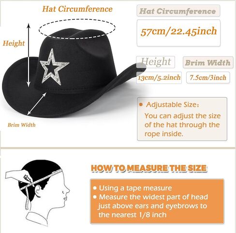 قبعة راعية البقر الغربية الكلاسيكية للنساء، قبعة فيدورا عصرية من حجر الراين، قبعات واسعة الحافة لحفلات الديسكو تناسب M-L in Kuwait