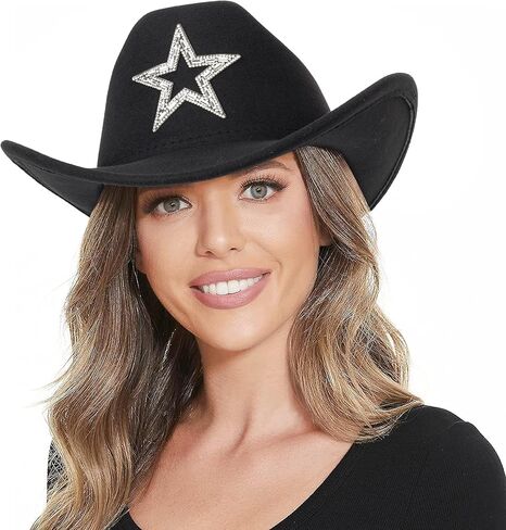 قبعة راعية البقر الغربية الكلاسيكية للنساء، قبعة فيدورا عصرية من حجر الراين، قبعات واسعة الحافة لحفلات الديسكو تناسب M-L in Kuwait