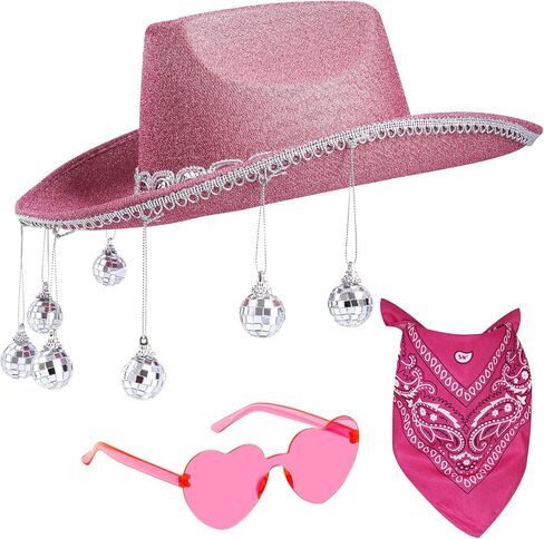Cowboy Hat Costume Cowgirl Hat with Glitter Disco Ball Heart Sunglasses Bandana for Western Cowboy Halloween Cosplay in Saudi Arabia