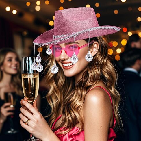 Cowboy Hat Costume Cowgirl Hat with Glitter Disco Ball Heart Sunglasses Bandana for Western Cowboy Halloween Cosplay in Saudi Arabia