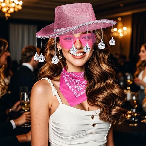 Cowboy Hat Costume Cowgirl Hat with Glitter Disco Ball Heart Sunglasses Bandana for Western Cowboy Halloween Cosplay in Saudi Arabia