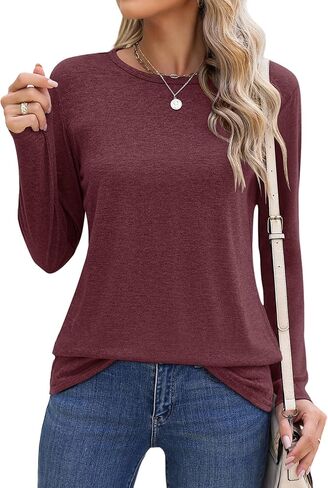 Long Sleeve Shirts for Women Basic Fall Tops Casual Loose Fit T-Shirts in Kuwait