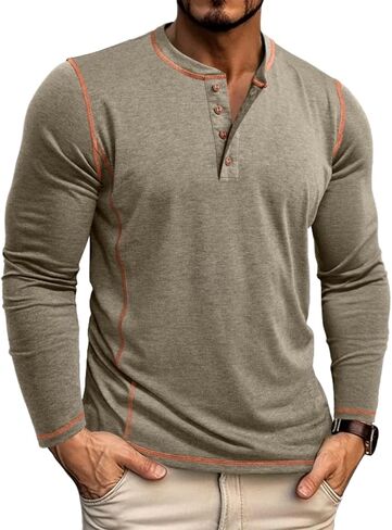 قمصان Henley للرجال بأكمام طويلة كاجوال وأزرار أساسية من القطن، تي شيرت خفيف الوزن أنيق in Saudi Arabia