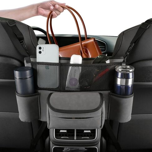 Car Purse & Handbag Holder Between Front Seats，Seat Back Organizers and Storage Bag with Tissue Hoder & 2 Cupholders & 3 Pockets for Car.(Grey) in Saudi Arabia