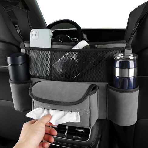 Car Purse & Handbag Holder Between Front Seats，Seat Back Organizers and Storage Bag with Tissue Hoder & 2 Cupholders & 3 Pockets for Car.(Grey) in Saudi Arabia