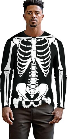Goodstoworld Mens Halloween Tshirts Unisex Fake Muscle Hairy Chest Skeleton 3D Printed Shirts S-XXL in Kuwait