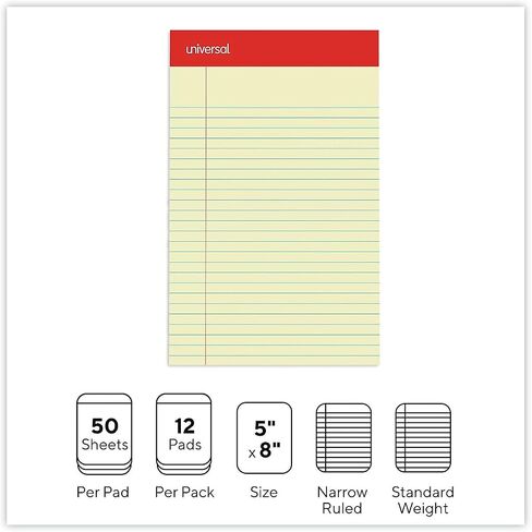 Universal 46200 Perforated Edge Writing Pad, Narrow Rule, 5 x 8, Canary, 50 Sheet, Dozen in Saudi Arabia
