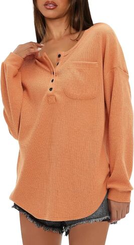 Darong Women's Waffle Knit Tunic Long Sleeve Button Up Neck Henley Shirts Casual Fall Pullover Tops in Saudi Arabia