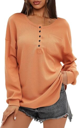 Darong Women's Waffle Knit Tunic Long Sleeve Button Up Neck Henley Shirts Casual Fall Pullover Tops in Saudi Arabia