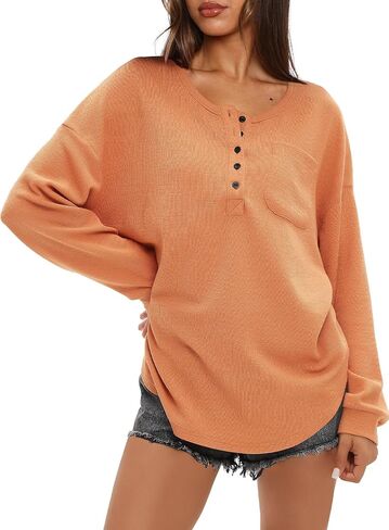 Darong Women's Waffle Knit Tunic Long Sleeve Button Up Neck Henley Shirts Casual Fall Pullover Tops in Saudi Arabia
