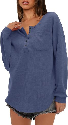 Darong Women's Waffle Knit Tunic Long Sleeve Button Up Neck Henley Shirts Casual Fall Pullover Tops in Saudi Arabia