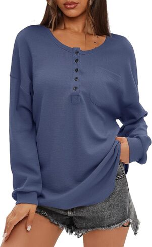 Darong Women's Waffle Knit Tunic Long Sleeve Button Up Neck Henley Shirts Casual Fall Pullover Tops in Saudi Arabia