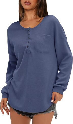 Darong Women's Waffle Knit Tunic Long Sleeve Button Up Neck Henley Shirts Casual Fall Pullover Tops in Saudi Arabia