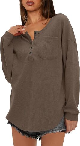 سترة Darong النسائية المحبوكة بأكمام طويلة وأزرار حتى الرقبة وقمصان هينلي كاجوال للخريف in Kuwait