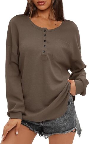 سترة Darong النسائية المحبوكة بأكمام طويلة وأزرار حتى الرقبة وقمصان هينلي كاجوال للخريف in Kuwait