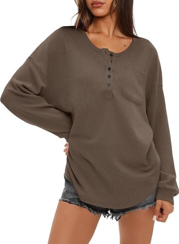 سترة Darong النسائية المحبوكة بأكمام طويلة وأزرار حتى الرقبة وقمصان هينلي كاجوال للخريف in Kuwait