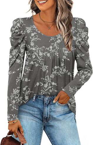 Anydeer Long Sleeve Shirts for Womens Fall Fashion 2024 Puff Sleeve Tunic Tops Dreessy Casual Blouses Pleated Pullover in Saudi Arabia