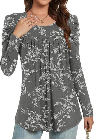 Anydeer Long Sleeve Shirts for Womens Fall Fashion 2024 Puff Sleeve Tunic Tops Dreessy Casual Blouses Pleated Pullover in Saudi Arabia