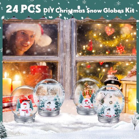 Jerify 24 Sets 3.6 Inch Christmas Clear Plastic Snow Globes Kit Snow Globe Water Globe with Christmas Tree Faux Snow Flakes Snowman Screw Off Cap for DIY Snow Globes Home Decoration Crafts in Kuwait