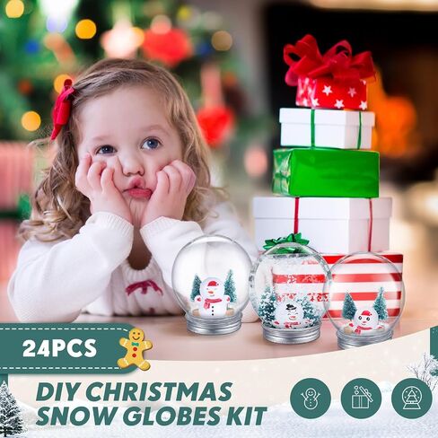 Jerify 24 Sets 3.6 Inch Christmas Clear Plastic Snow Globes Kit Snow Globe Water Globe with Christmas Tree Faux Snow Flakes Snowman Screw Off Cap for DIY Snow Globes Home Decoration Crafts in Kuwait