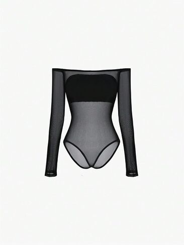 MakeMeChic Women's Off the Shoulder Mesh Sheer Bodysuit Long Sleeve Fitted Party Leotard in Saudi Arabia