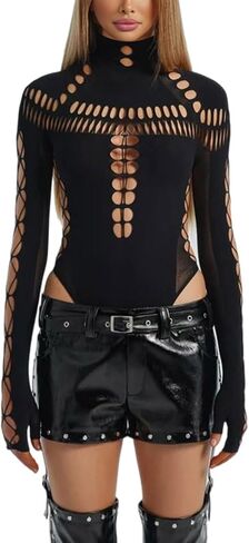 Women's Sexy Cutout Turtleneck Long Sleeve Bodysuit Tops, Seamless Mesh Snap Crotch Thong Bodysuits in Saudi Arabia