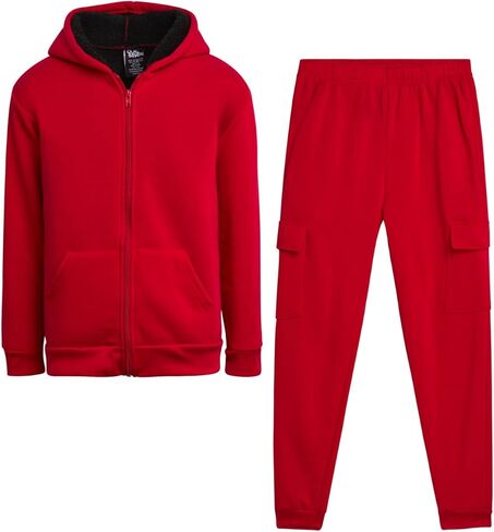 Boys' Sherpa Fleece Jogger Set - 2 Piece Basic Solid Full Zip Warm Cozy Sherpa Hoodie and Sweatpants (Size: 8-18) in Kuwait