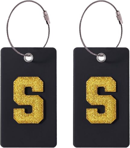 2 Pcs Silicone Luggage Tags with Glitter Initials, Travel Accessories for Suitcases, Backpacks, ID Tags for Men, Women, Business, Holiday Travel (Black/Pink, S) in Saudi Arabia