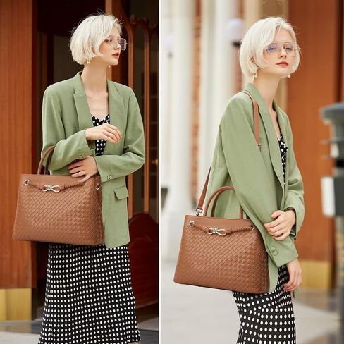 Woven Bag for Women Shoulder Purse: Vegan Leather Handbag - Handmade Tote Bag - Elegant Satchel Bag with Bowknot in Saudi Arabia
