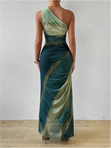 WDIRARA Women's One Shoulder Mesh Ruched Maxi Dress Tie Dye High Slit Bodycon Dresses in Saudi Arabia