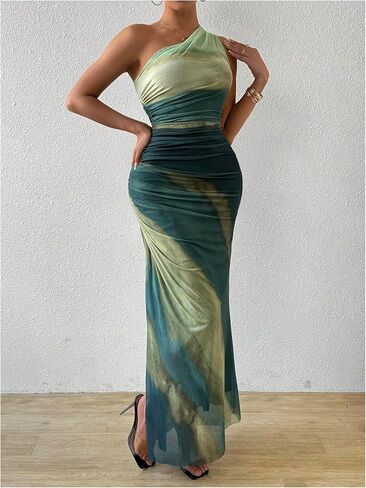 WDIRARA Women's One Shoulder Mesh Ruched Maxi Dress Tie Dye High Slit Bodycon Dresses in Saudi Arabia
