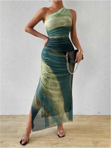 WDIRARA Women's One Shoulder Mesh Ruched Maxi Dress Tie Dye High Slit Bodycon Dresses in Saudi Arabia